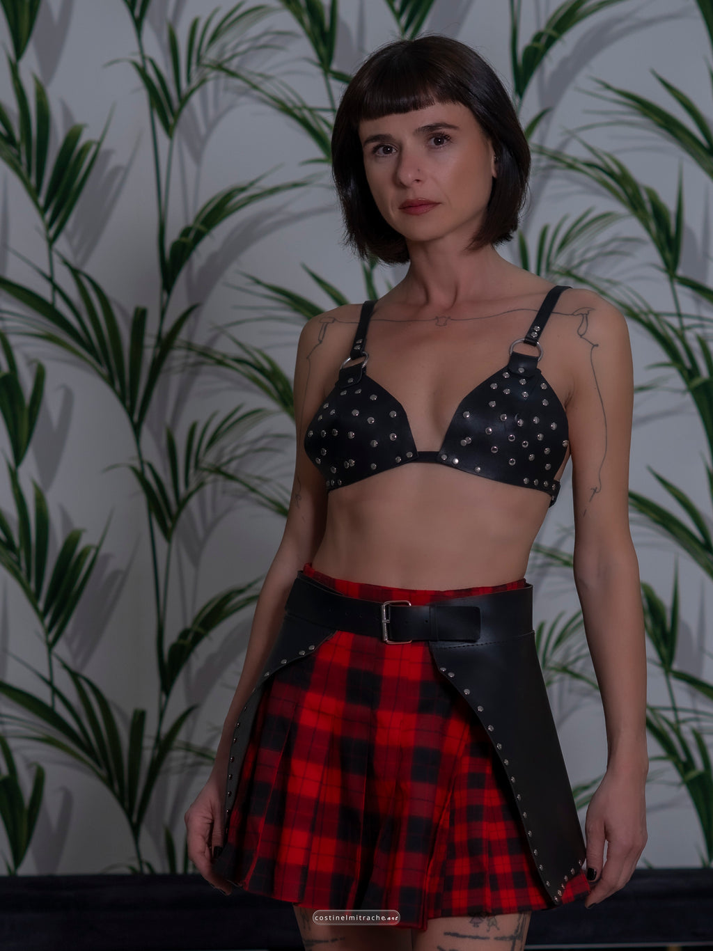 Studded leather bra