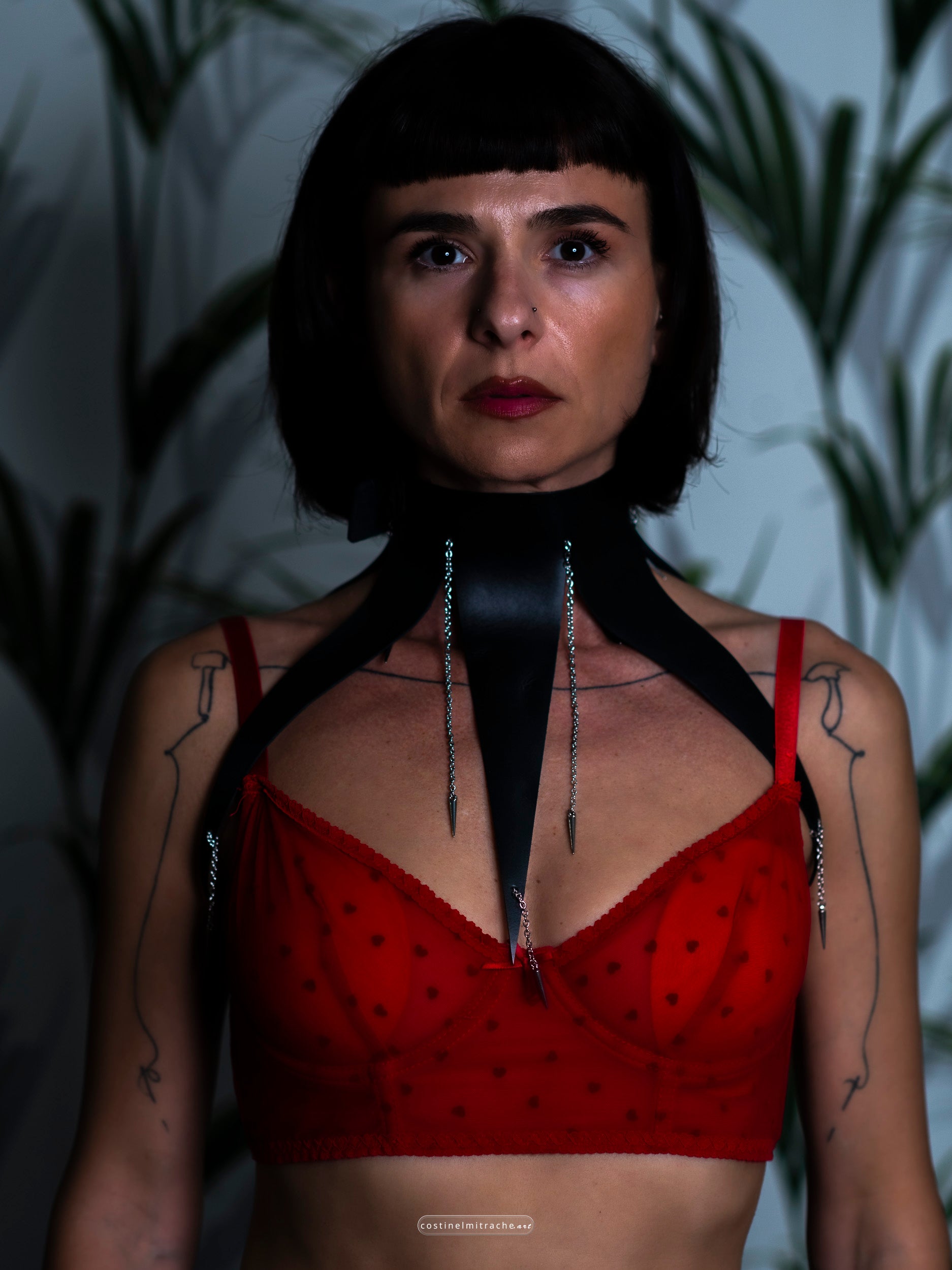 Leather choker with chains and spikes