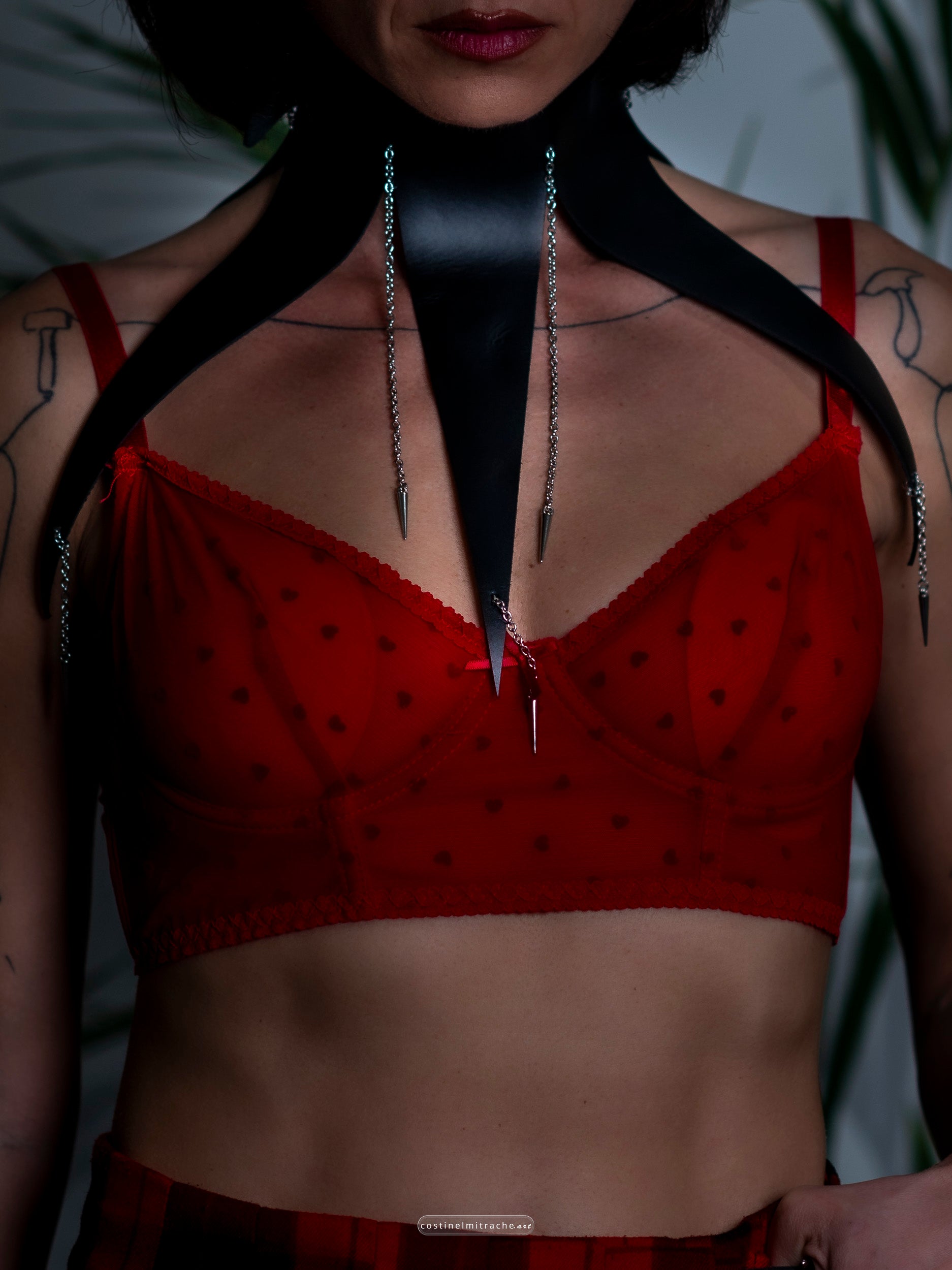 Leather choker with chains and spikes