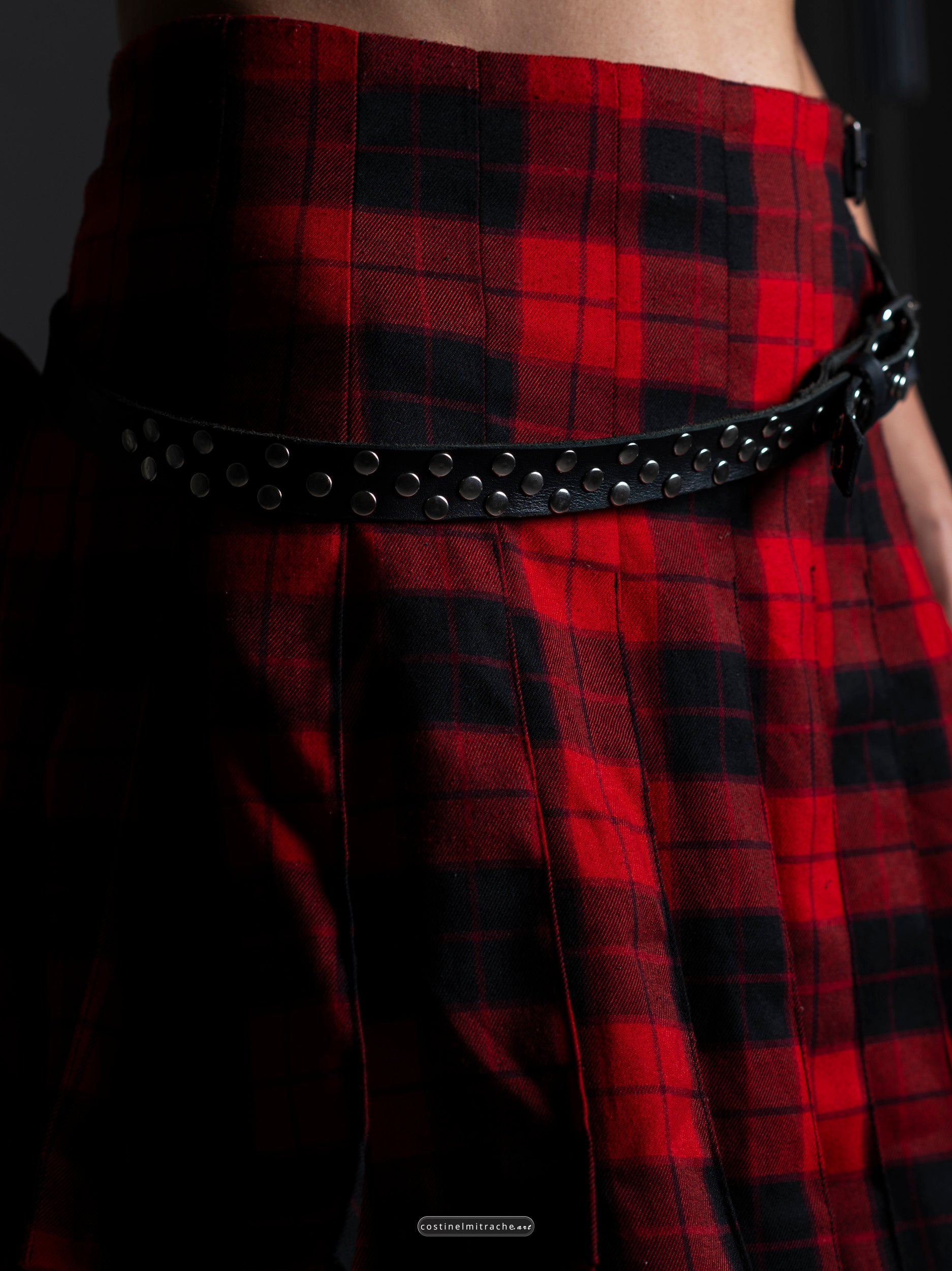 Thin leather belt with studs