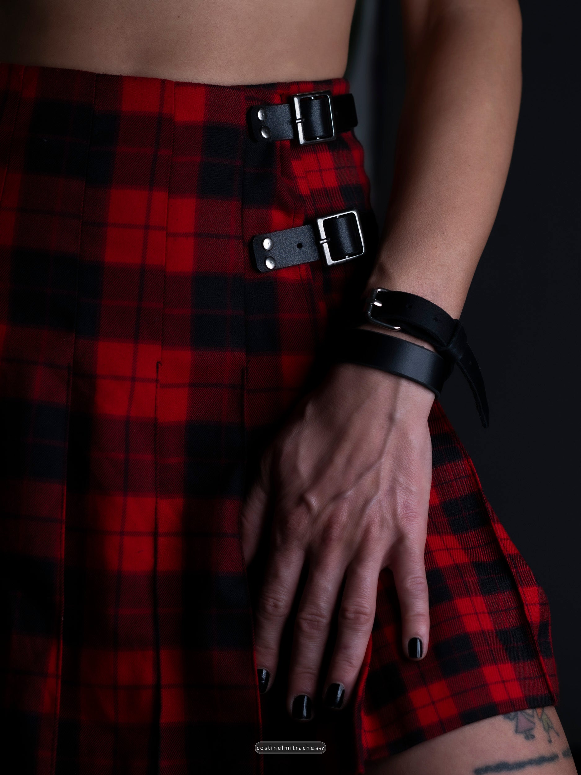 Wide black leather bracelet