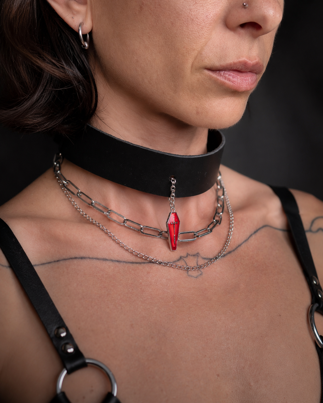 Leather choker + double necklace with red coffin pendant