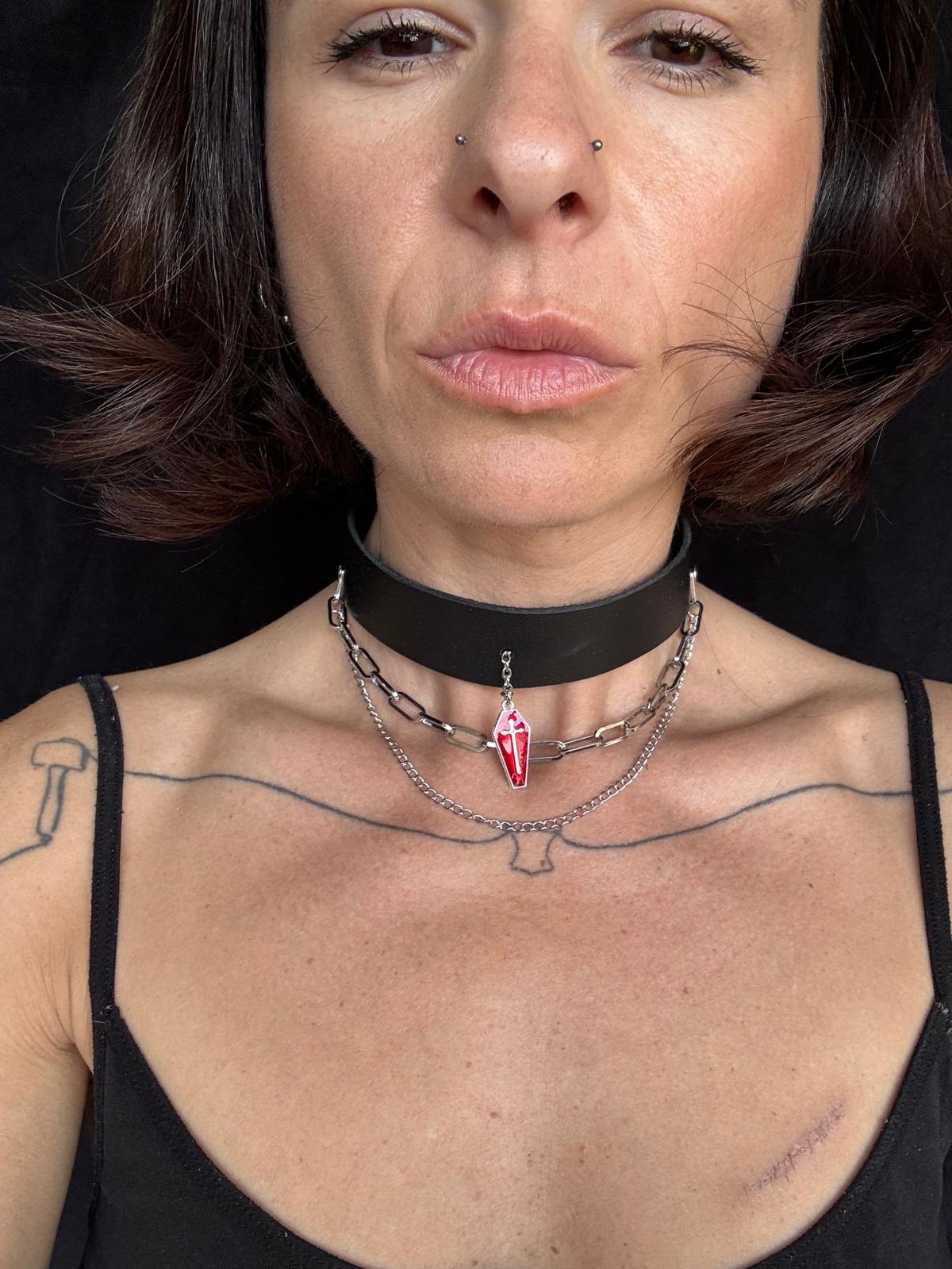 Leather choker + double necklace with red coffin pendant