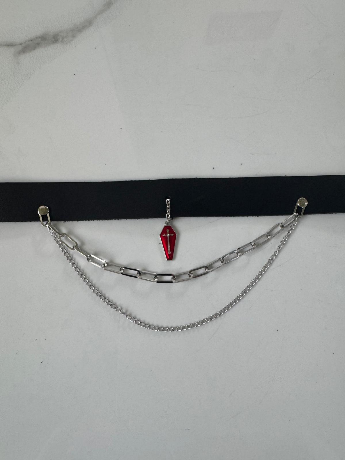 Leather choker + double necklace with red coffin pendant